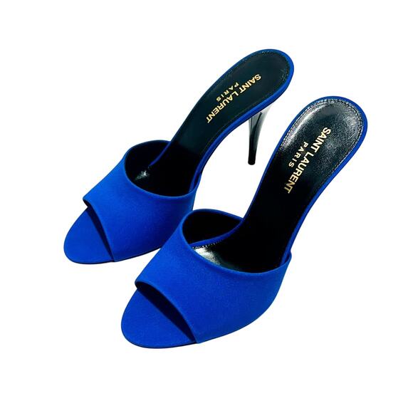 Saint Laurent 38/ US 8 Mules Sandals Royal Blue Silk Open Toe Stiletto Heel NIB - Picture 3 of 10